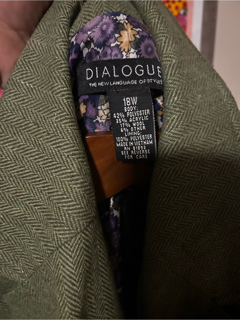 Dialogue Olive Herringbone Blazer with Purple Floral Lining - Picture 2 of 3